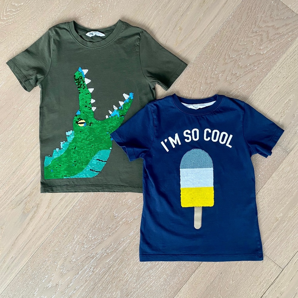 H&M Flip-sequin Cotton T-shirts, US 6-8Y (2 items)